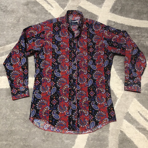 Wrangler Other - VTG Wrangler Western Shirt Men X-Long Tails M 16-33 Blue Paisley Rockabilly USA
